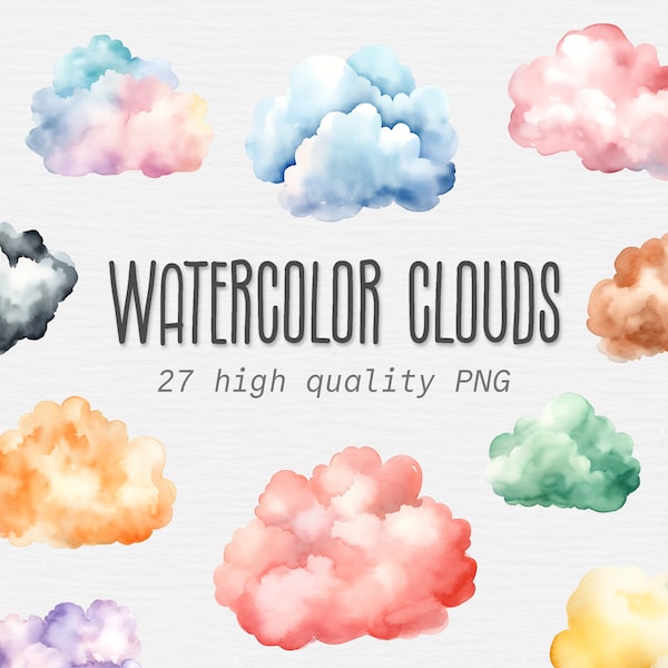 Aquarelle Clouds Clipart Bundle, nuage pastel coloré png, clipart arc-en-ciel, bleu, rose, violet, rouge, téléchargement numérique, utilisation commerciale gratuite