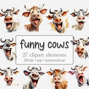 Funny and Crazy Cow Clipart Bundle, Vaches PNG, Aquarelle Graphiques de veau mignon, Animaux mignons, Visage de vache drôle, Utilisation commerciale, Téléchargement numérique