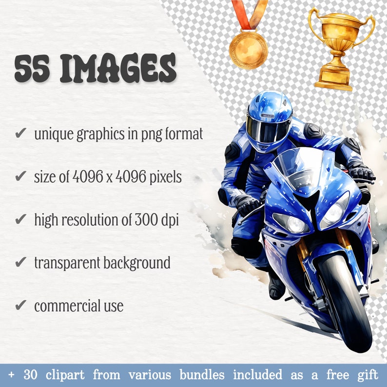 May include: A watercolor illustration of a blue motorcycle racer speeding down a track. The racer is wearing a blue and white racing suit and helmet. The image has a transparent background.