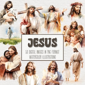 Paquete de imágenes prediseñadas de Jesús, Jesús con niños, Gráficos religiosos de acuarela, Paisaje bíblico digital PNG, Scrapbooking, Diario basura, Uso comercial