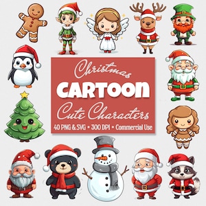 Pacchetto clipart natalizio, pacchetto cartoni animati, simpatico personaggio, Babbo Natale, simpatici animaletti, albero, pupazzo di neve, pan di zenzero, elfo, PNG e SVG, diario spazzatura