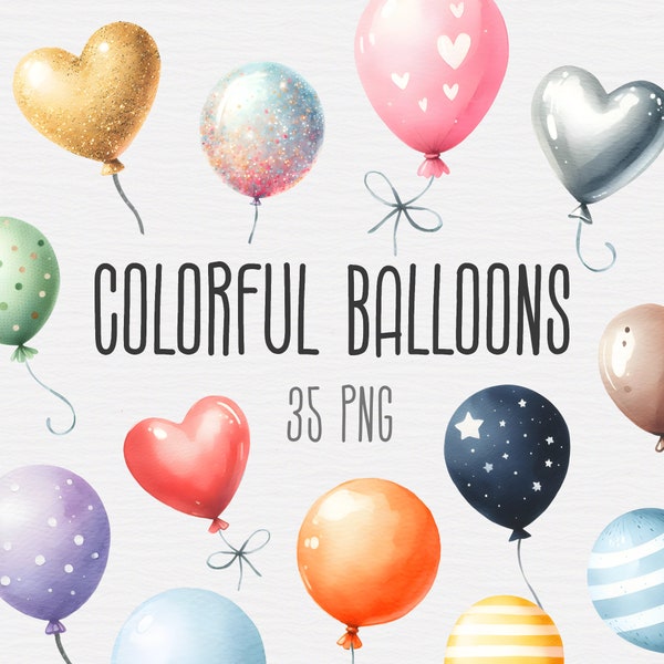 Colorful Balloons Clipart Bundle, Heart Balloon PNG, Glitter Balloon, Birthday Party Clipart, Watercolor Set, Baby Shower, Digital Download