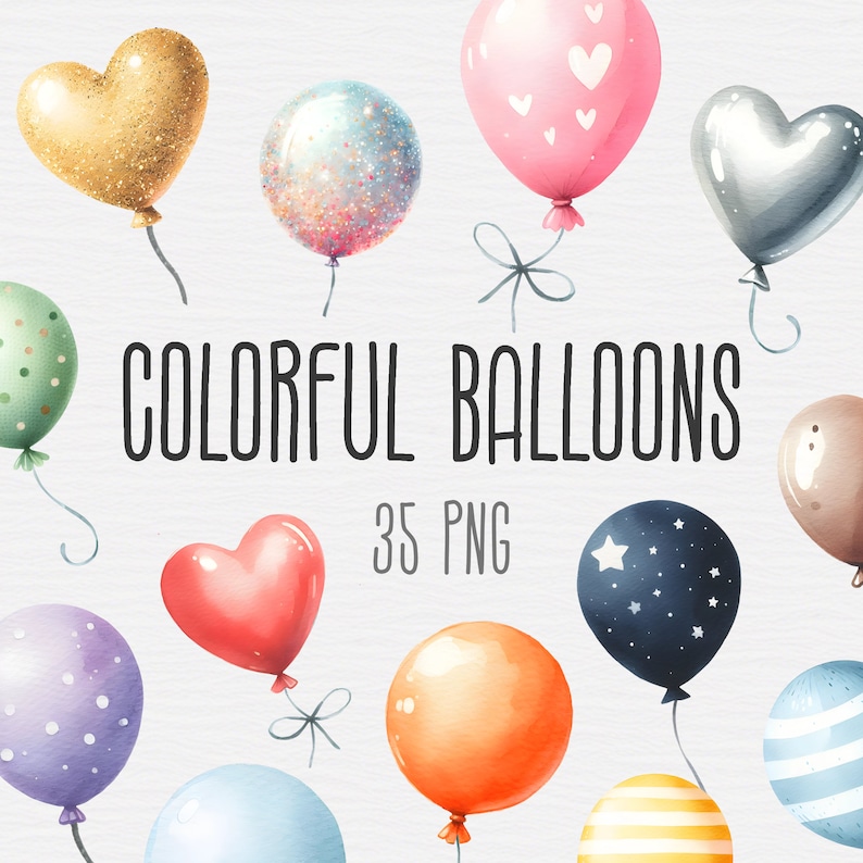 May include: A set of 35 colorful watercolor balloon illustrations in various shapes and colors, including heart, star, and round balloons. The balloons are perfect for crafting, scrapbooking, and digital design projects.