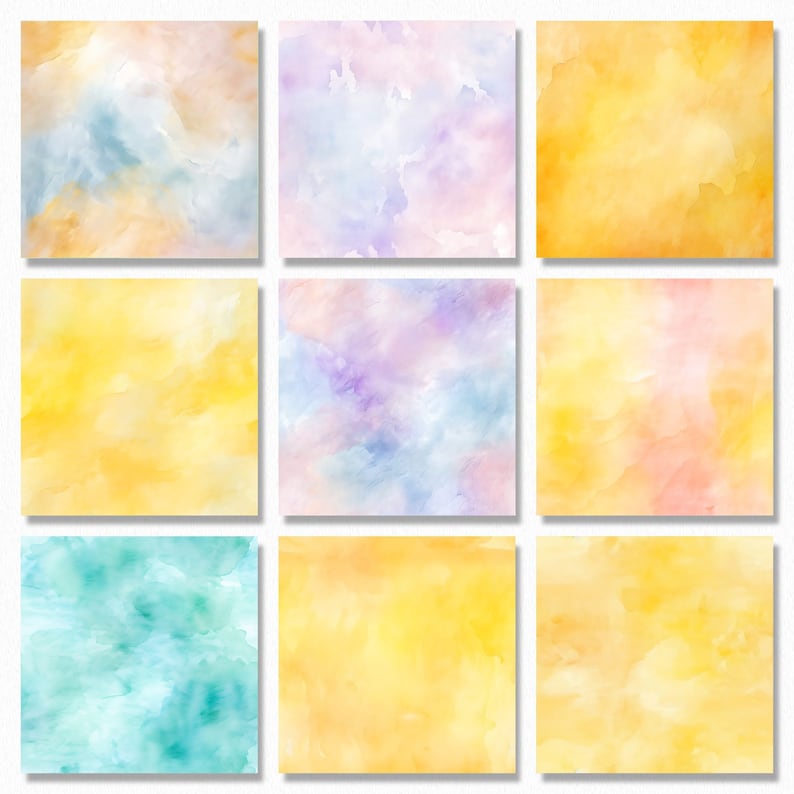 May include: Nine watercolor backgrounds in various shades of yellow, blue, and purple. The backgrounds are perfect for digital scrapbooking, card making, or other creative projects.