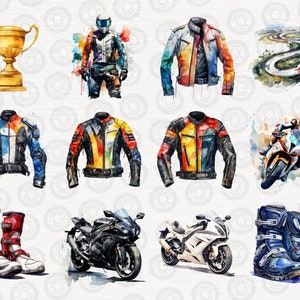 May include: A watercolor illustration of motorcycle racing gear, including a trophy, helmets, jackets, boots, and motorcycles. The illustration features a colorful, abstract style with splashes of paint.