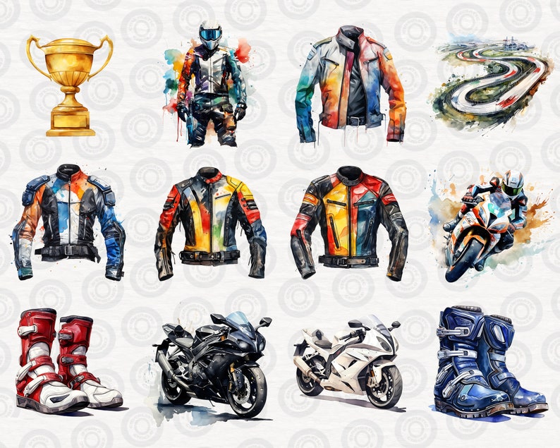 May include: A watercolor illustration of motorcycle racing gear, including a trophy, helmets, jackets, boots, and motorcycles. The illustration features a colorful, abstract style with splashes of paint.