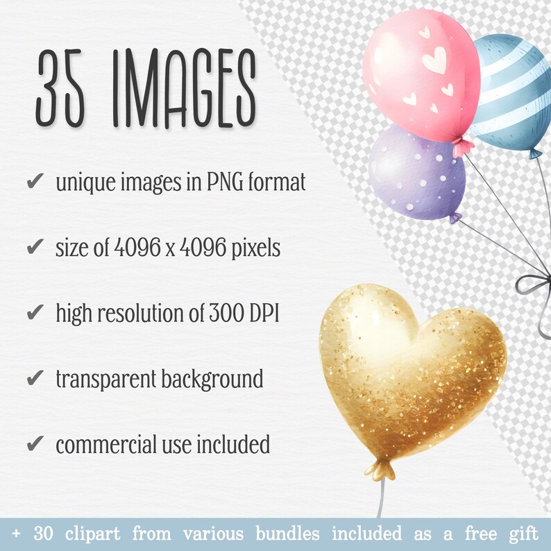 May include: 35 digital illustrations of heart-shaped, striped, and polka dot balloons in pink, blue, and purple. The balloons are against a transparent background. The images are 4096 x 4096 pixels and 300 DPI.