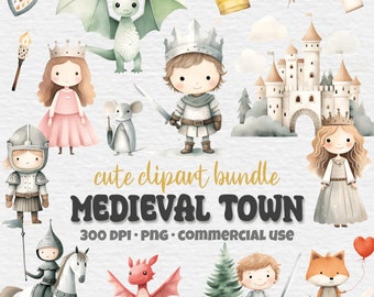 Cute Medieval Town Clipart Bundle, Aquarelle Moyen Âge, Chevalier, Château, Princesse, Enfants, Dragon, Fantaisie, Téléchargement instantané, Utilisation commerciale