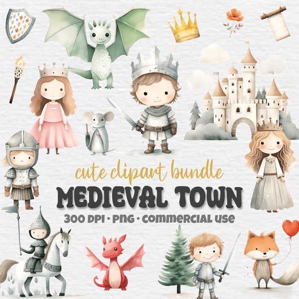 Pacchetto clipart carino città medievale, Medioevo ad acquerello, cavaliere, castello, principessa, bambini, drago, fantasia, download istantaneo, uso commerciale