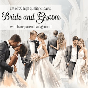 Watercolor Bride and Groom Clipart Bundle, Wedding Invitation, Wedding Day, Marriage, Just Married, Bride and Groom Back, Digital Download