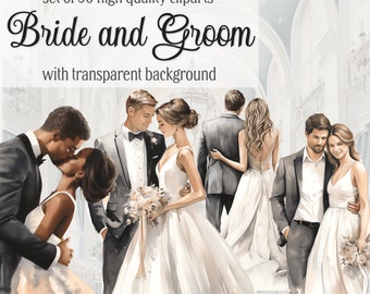 Paquete de imágenes prediseñadas de novia y novio de acuarela, invitación de boda, día de la boda, matrimonio, recién casados, regreso de la novia y el novio, descarga digital