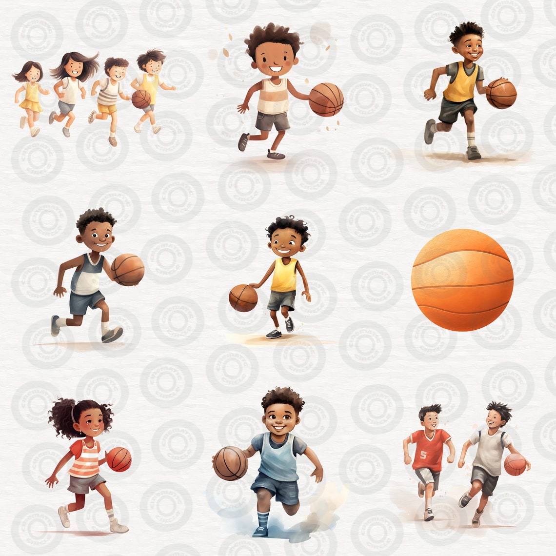 Watercolor Basketball Clipart Bundle, Cute Kids Playing Basketball ...