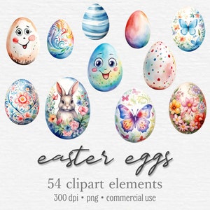 54 Paquete de imágenes prediseñadas de huevos de Pascua de acuarela, conjunto de huevos de Pascua pastel pintados, lindo conejito de Pascua PNG, huevo floral, descarga digital uso comercial