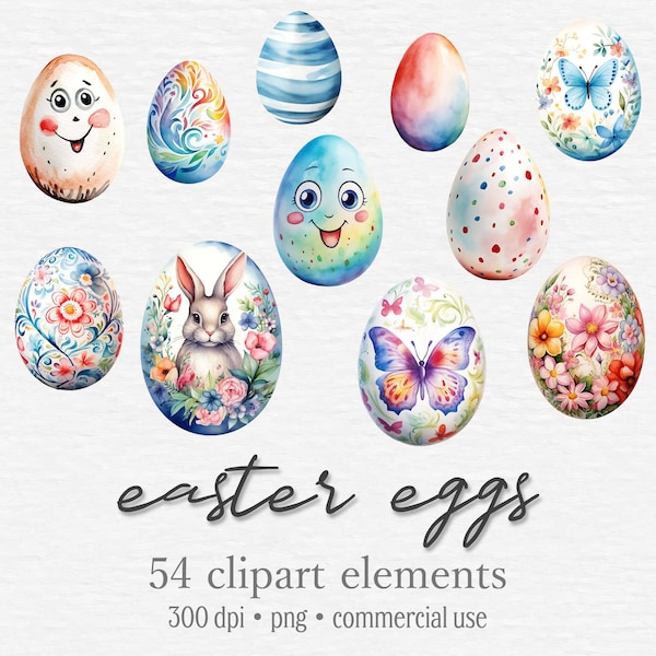 54 Watercolor Easter Eggs Clipart Bundle, Painted Pastel Easter Eggs Set, Cute Easter Bunny PNG, Floral Egg, Digital Download Commercial Use