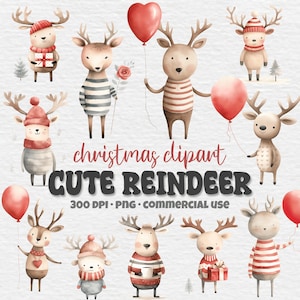 Set di clipart di renne, simpatiche renne di Natale, illustrazioni di Natale, regalo di Babbo Natale, palloncini, tè caldo, cuccioli di animali png, elementi di cartoline di Natale