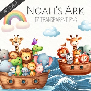Pacchetto di clipart dell'Arca di Noè, simpatici cuccioli di animali PNG, grafica ad acquerello della Bibbia, clipart religiosa, cristiana, decorazione della scuola materna, download digitale