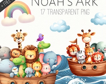 Noah's Ark Clipart Bundle, Cute Baby Animals PNG, Bible Watercolor Graphics, Religious Clip Art, Christian, Nursery Decor, Digital Download