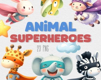 Animal Superheroes Clipart Bundle, Cute Baby Animals PNG, Safari Animal Watercolor Clip Art, Nursery Decor, Instant Download, Commercial Use