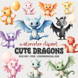 Cute Dragon Clipart Bundle, Colorful Baby Dragon PNG, Watercolor Set, Paper Crafts, Fantasy, Nursery Decor, Commercial Use, Digital Download