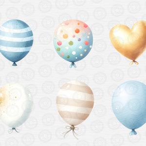 May include: Six colorful balloons in various shapes and patterns. The balloons are blue, white, gold, and beige with stripes, polka dots, and glitter.