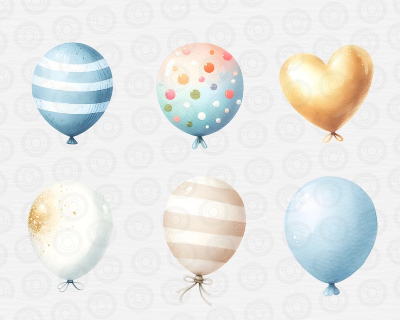 May include: Six colorful balloons in various shapes and patterns. The balloons are blue, white, gold, and beige with stripes, polka dots, and glitter.