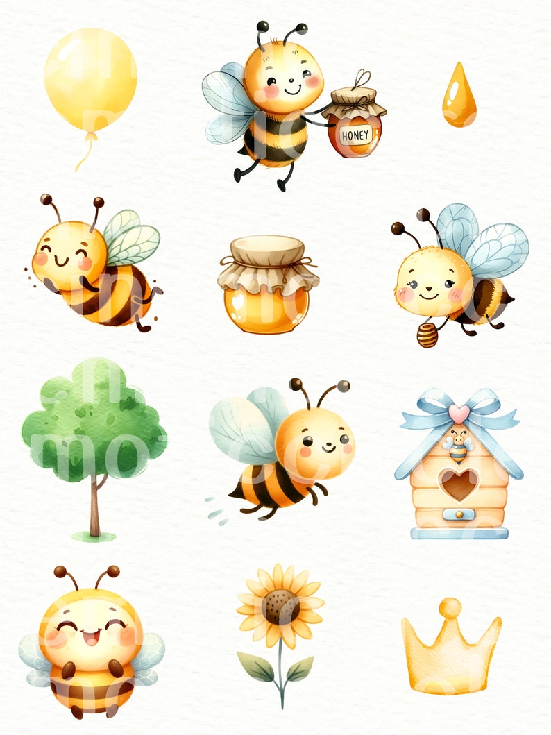 May include: A set of watercolor illustrations featuring cute cartoon bees, honey jars, a sunflower, a beehive, a crown, a tree, and a yellow balloon. The illustrations are perfect for adding a touch of whimsy to any project.