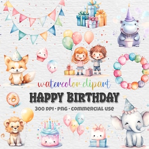 Birthday Party Clipart Bundle, Cute Watercolor Clipart, Happy Birthday PNG,  Cake Presents Balloons, Baby Animals, Paper Crafts, Sublimation