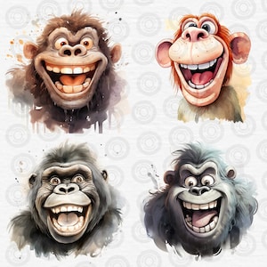 Puede incluir: Cuatro ilustraciones de acuarela de diferentes primates con amplias sonrisas de dientes. Cada primate tiene una expresi&oacute;n facial y un color de pelaje diferentes.
