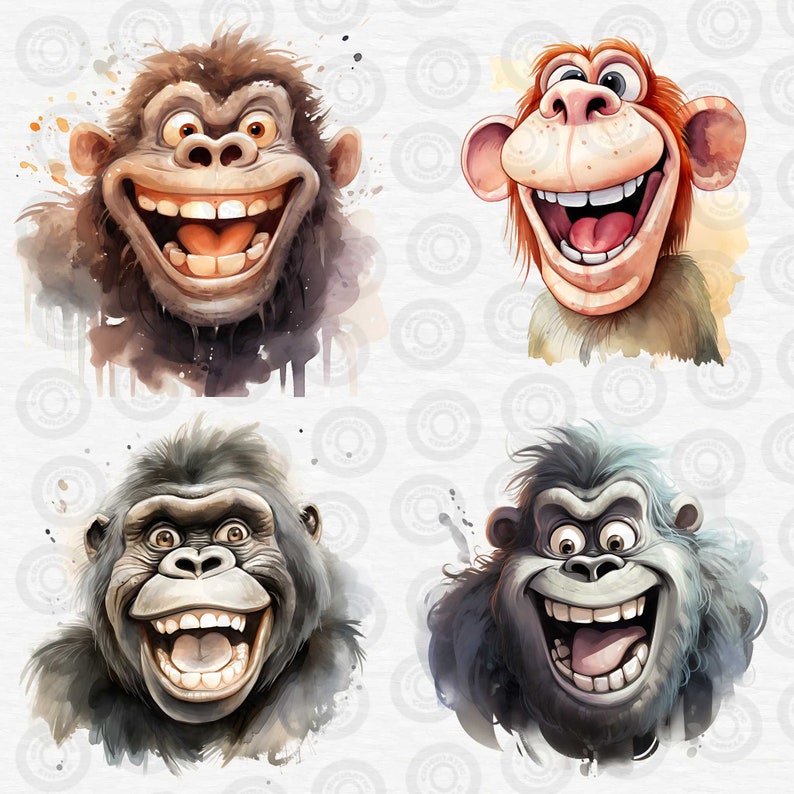 Puede incluir: Cuatro ilustraciones de acuarela de diferentes primates con amplias sonrisas de dientes. Cada primate tiene una expresi&oacute;n facial y un color de pelaje diferentes.