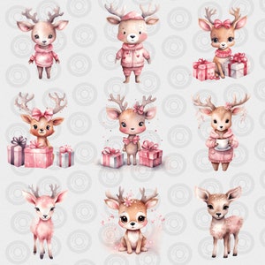 Christmas Cute Reindeer Clipart Bundle, Watercolor Deer, Pink Christmas ...
