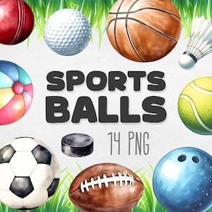 Pacote de clipart de bolas esportivas, aquarela esportes PNG, gráficos de bolas esportivas para impressão, futebol, futebol, basquete, download digital instantâneo