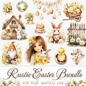 110 Rustic Easter Clipart Bundle, Watercolor Easter PNG Set, Easter Bunny Chick & Lamb, Easter Egg Basket, Pastel Tulip, Boho Spring Clipart