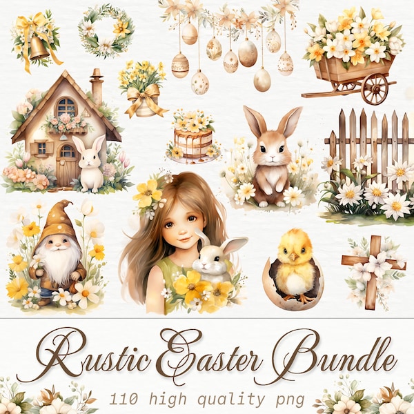 110 Rustic Easter Clipart Bundle, Watercolor Easter PNG Set, Easter Bunny Chick & Lamb, Easter Egg Basket, Pastel Tulip, Boho Spring Clipart