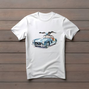 May include: A white t-shirt with a blue and silver vintage car illustration. The car has its doors open and the roof is up.