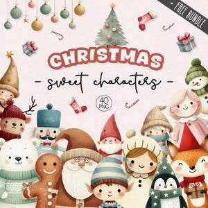 Schattige kerstpersonages clipart bundel, Santa PNG, aquarel kerstboom, schattige sneeuwpop, rendieren en elfen afbeeldingen, wintervakantie clipart