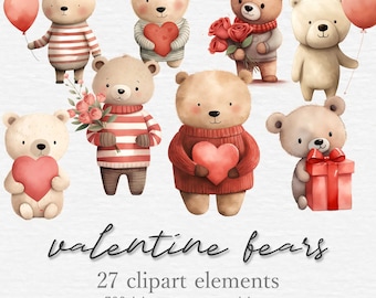 Paquete de imágenes prediseñadas de osos de San Valentín, lindo osito de peluche, gráficos PNG del día de San Valentín, corazón de amor, globos, rosas rojas, descarga digital, fabricación de tarjetas