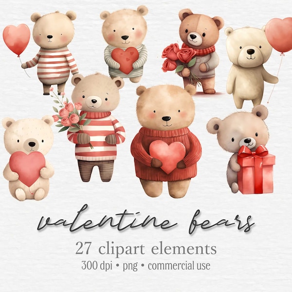 Paquete de imágenes prediseñadas de osos de San Valentín, lindo osito de peluche, gráficos PNG del día de San Valentín, corazón de amor, globos, rosas rojas, descarga digital, fabricación de tarjetas