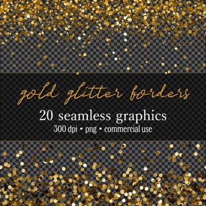 Gold Glitter Borders Clipart Bundle, superpositions et bordures de paillettes d’or et de confettis, texture pailletée transparente, graphiques png, utilisation commerciale