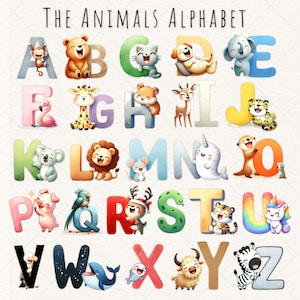 El paquete de imágenes prediseñadas del alfabeto animal, letras de acuarela A-Z ABC, lindos animales bebés PNG, Safari, selva, bosque, zoológico, bricolaje, descarga digital