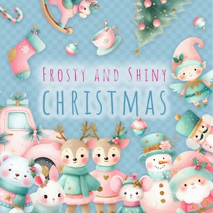 Pacchetto clipart natalizio gelido e brillante, PNG glitter oro, simpatici personaggi, rosa blu pastello NATALE, paese delle meraviglie invernale, Babbo Natale, elfo, renna