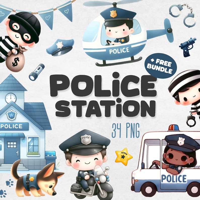 May include: A set of 34 digital illustrations featuring a police station, police officers, a police car, a police helicopter, a police dog, and a criminal. The illustrations are in a cartoon style and are perfect for creating fun and engaging educational materials.