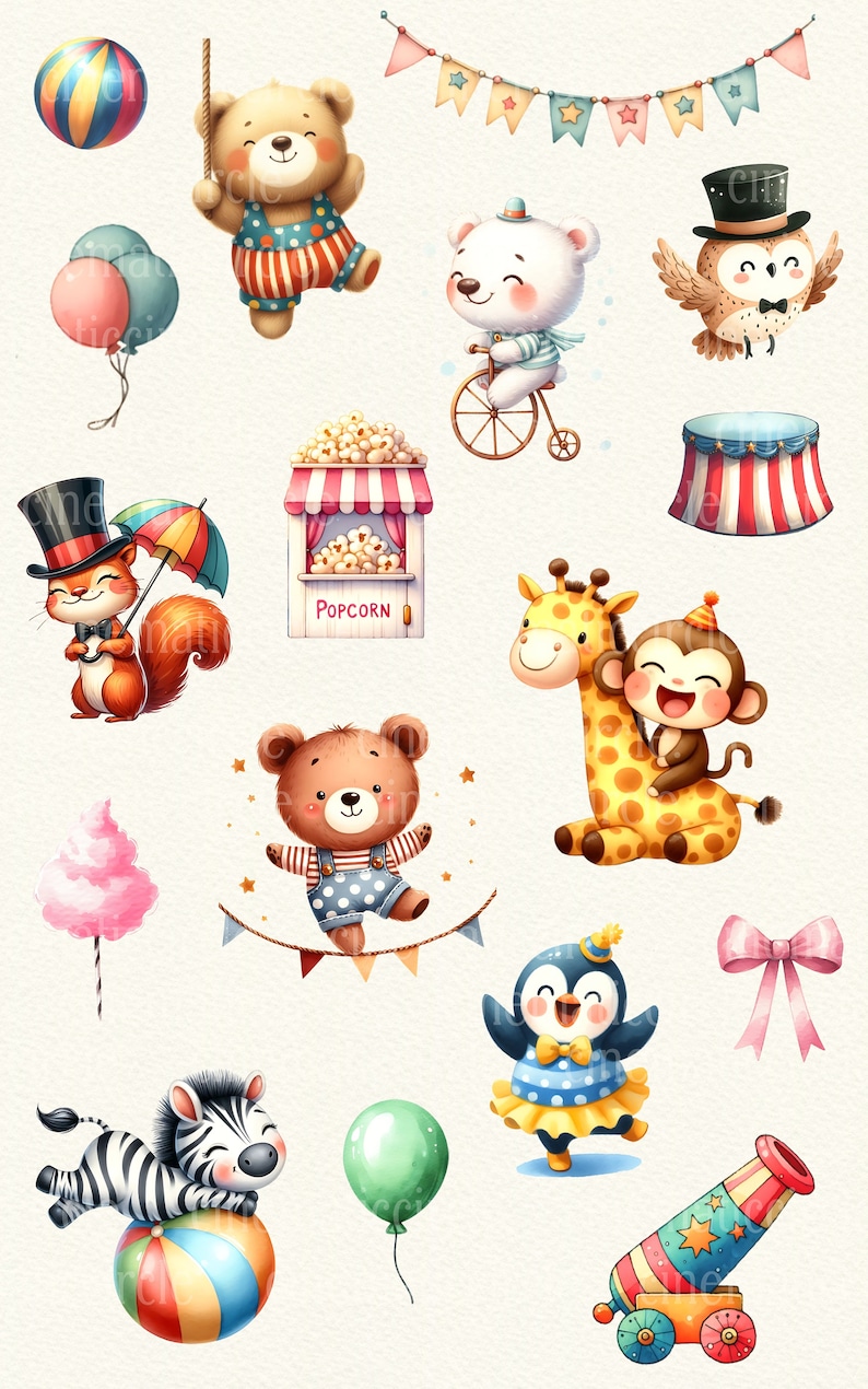 65 Circus Show Clipart Bundle, Cute Animals Illustration, Watercolor ...