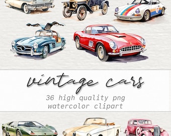 Vintage Car Clipart Bundle, Set of 36 Classic Cars Illustrations, Watercolor Retro Vehicle, PNG, Digital Instant Download, Commercial Use