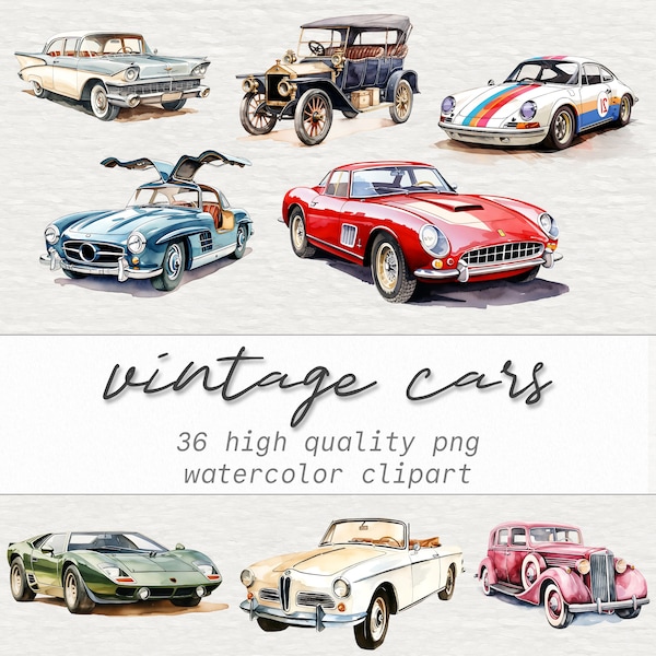 vintage Car Clipart Bundle, Ensemble de 36 illustrations de voitures classiques, Aquarelle Rétro Véhicule, PNG, Téléchargement instantané numérique, Utilisation commerciale