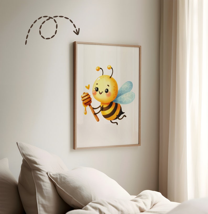 May include: A framed illustration of a cartoon bee holding a honey dipper. The bee is yellow and black with a smiling face and blue wings. The background is white.