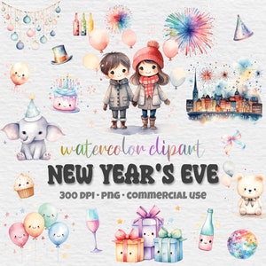 Happy New Year Clipart Bundle, Illustrations de fête du Nouvel An à l’aquarelle, Nourriture de feu d’artifice pour enfants, PNG colorés, Fabrication de cartes, Utilisation commerciale