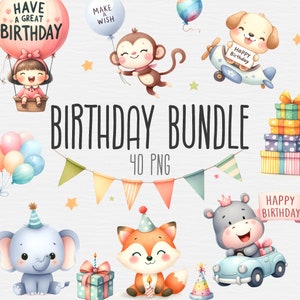 Kolekcja clipartów Happy Birthday, śliczne małe zwierzęta, karta urodzinowa, dekoracje urodzinowe, zaproszenia, prezent, rękodzieło papierowe, Digital Download