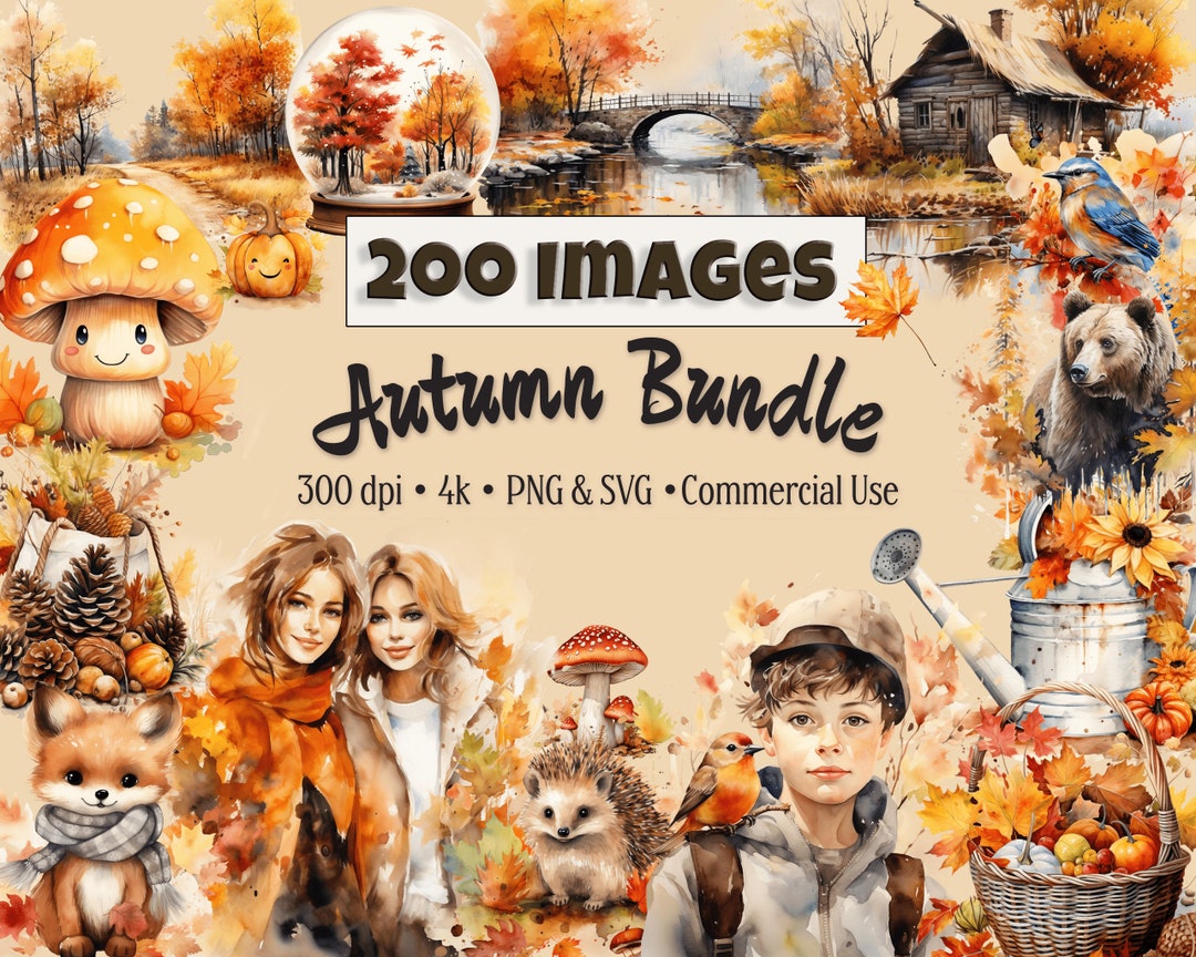 Autumn Watercolor Clipart Bundle, Over 200 Fall Graphics, PNG & SVG ...