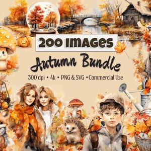 Könnte beinhalten: Ein digitales Illustrationspaket mit 200 Bildern zum Thema Herbst. Die Bilder beinhalten eine Vielzahl von Motiven, wie z. B. einen Pilz, einen Igel, einen Fuchs, ein Mädchen, einen Jungen, einen Bären, einen Vogel, eine Gießkanne, einen Kürbis und eine Schneekugel. Die Bilder sind im Aquarellstil gehalten und eignen sich perfekt für die Verwendung in digitalem Scrapbooking, Kartenherstellung und anderen Bastelprojekten. 300 dpi, 4k, PNG & SVG, Kommerzielle Nutzung.