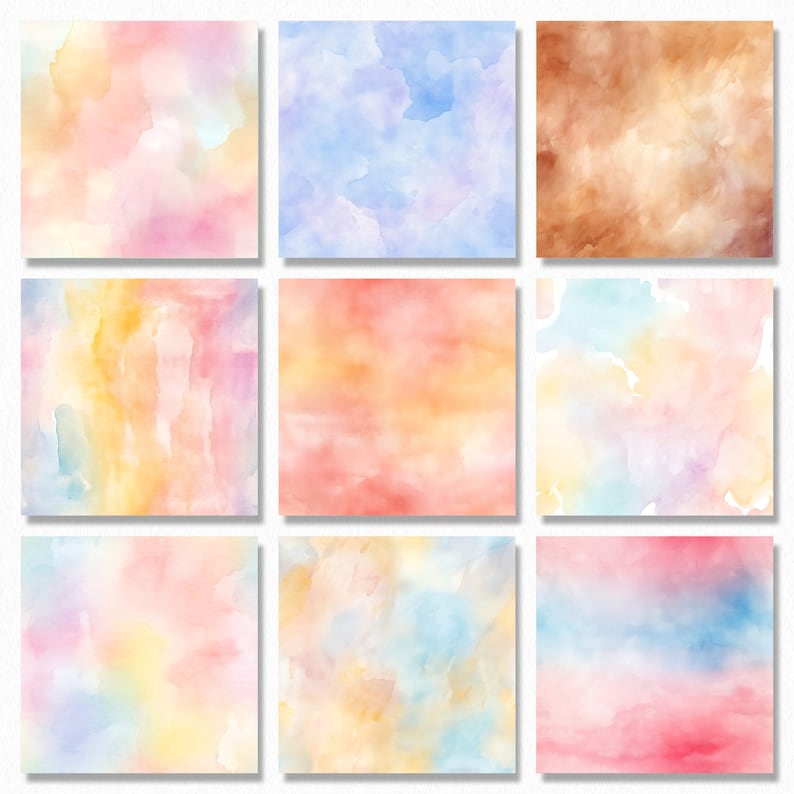May include: Nine watercolor squares in various shades of pink, blue, yellow, and orange. The squares are arranged in a 3x3 grid.